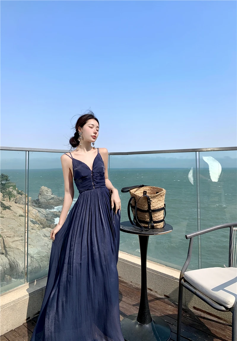 Summer New Spaghetti Strap Long Dresses for Women V-neck A-line Evening Party Dress Backless Prom Robe One Piece Vestido Mujer
