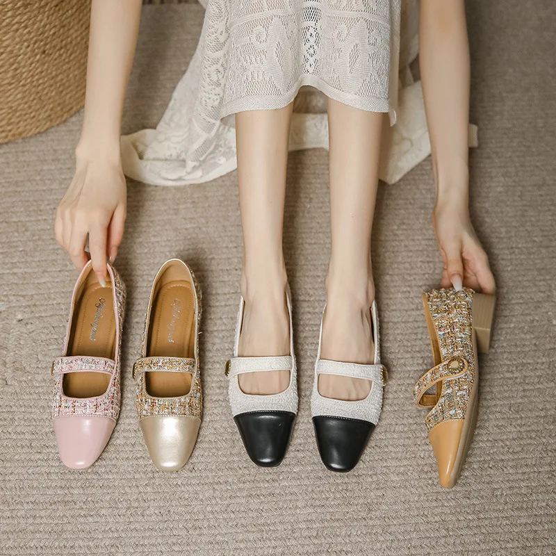 Womens Shoes New Flat Shoes Spliced Round Toe Shallow Mouth Horseshoe Heel Leather Casual Shoes Fashion White Sneakers Women