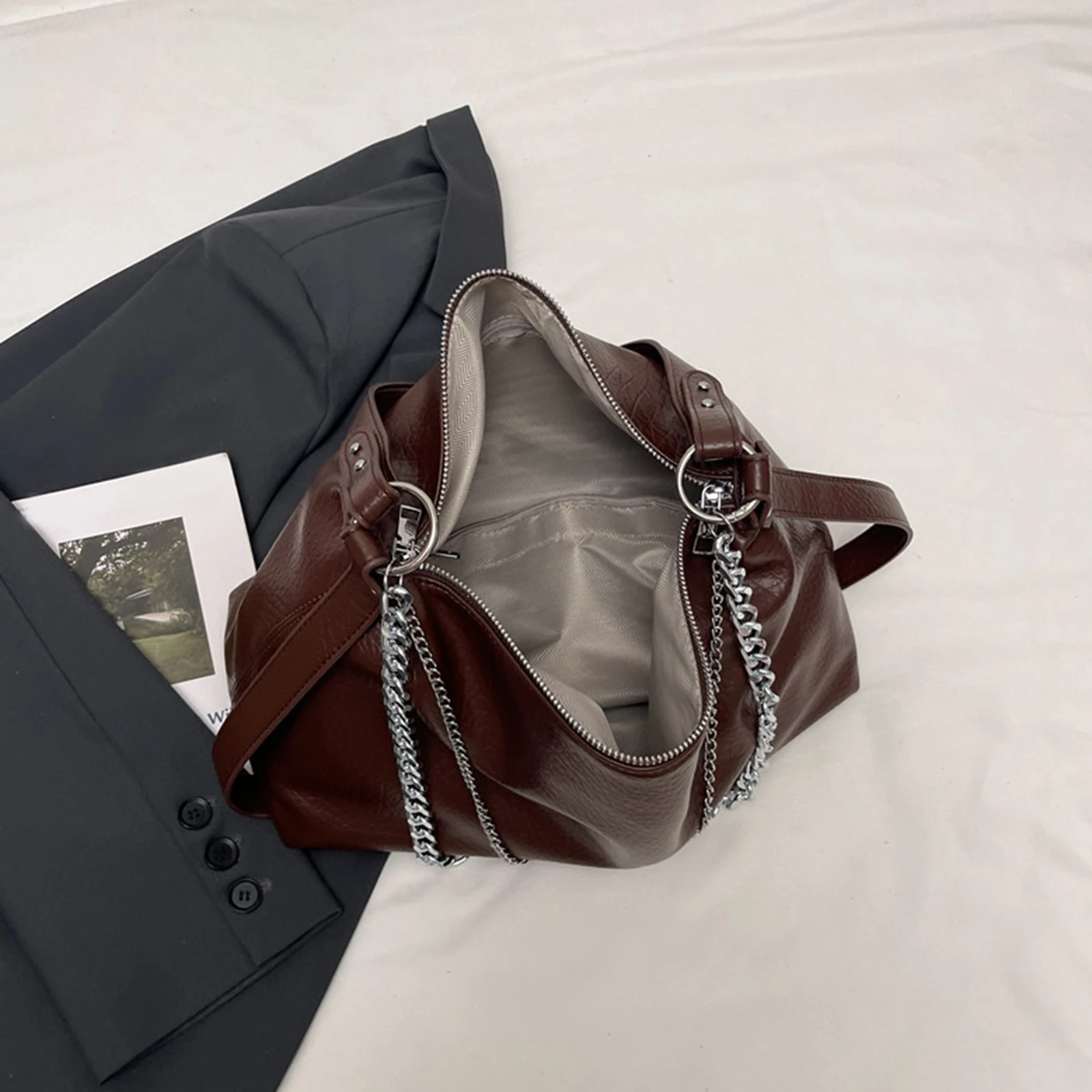 PU Leather Shoulder Bag with Chain Underarm Bag Vintage Commuter Bag for Women Work Shopping Travel Daily