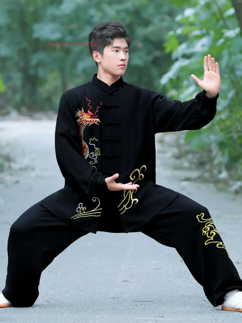 chinese vintage kung fu tai chi martial arts taijiquan wushu training exercise practice dragon embroidery tops+pants set