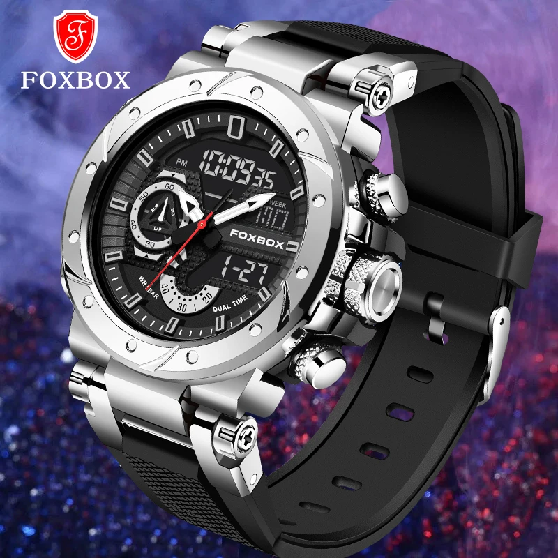 FOXBOX Men Sport Watches Dual Display Analog Digital LED Electronic Quartz Wristwatches 5Bar Waterproof Military Watch For Men red blue automatic flashing led lamp ne555 cd4017 analog circuit diy electronic soldering practce kit dc9v 12v