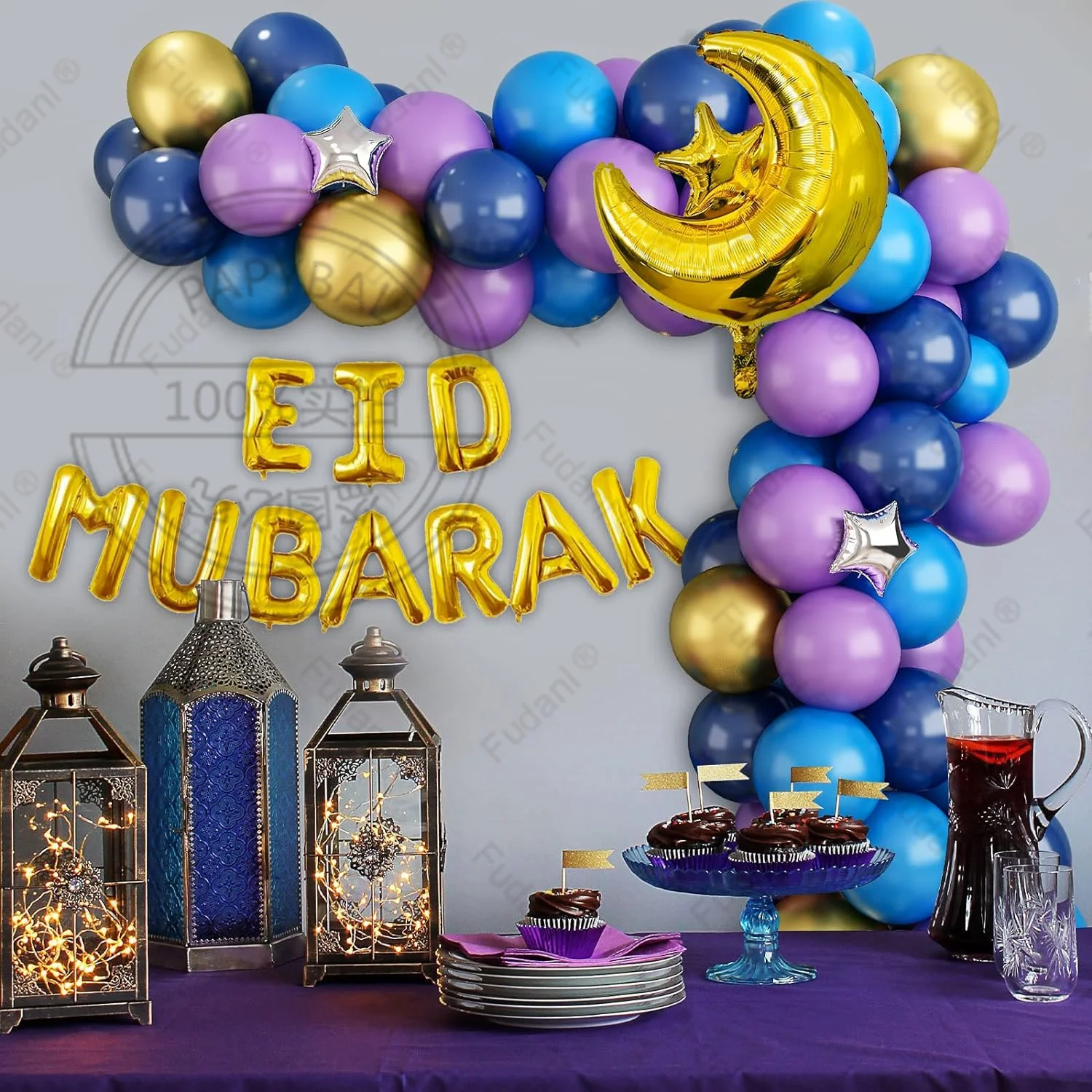 Eid 무바라크 풍선 아치 키트, 블루 골드 퍼플 달 스타 포일 풍선, 라마단 무바라크 파티 장식, 홈 홀리데이 장식