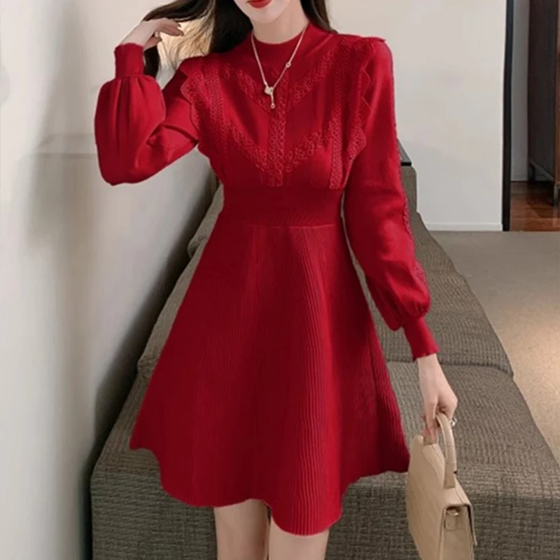 

Women's Knitted Short Dress For Girls Autumn Winter Long Sleeve Lace Edge A-Line Vintage Elegant Long Sweater Mini Dresses