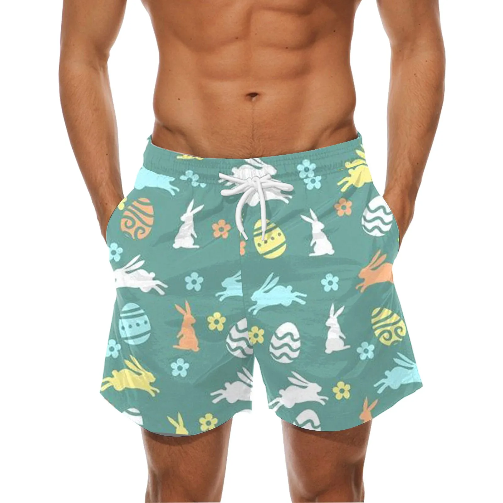 

Men'S Casual Hawaiian Shorts Easter 3d Cartoon Print Breeches Knee Trunks Drawstring Double Pocket Swimsuit Beach Vacation Pants