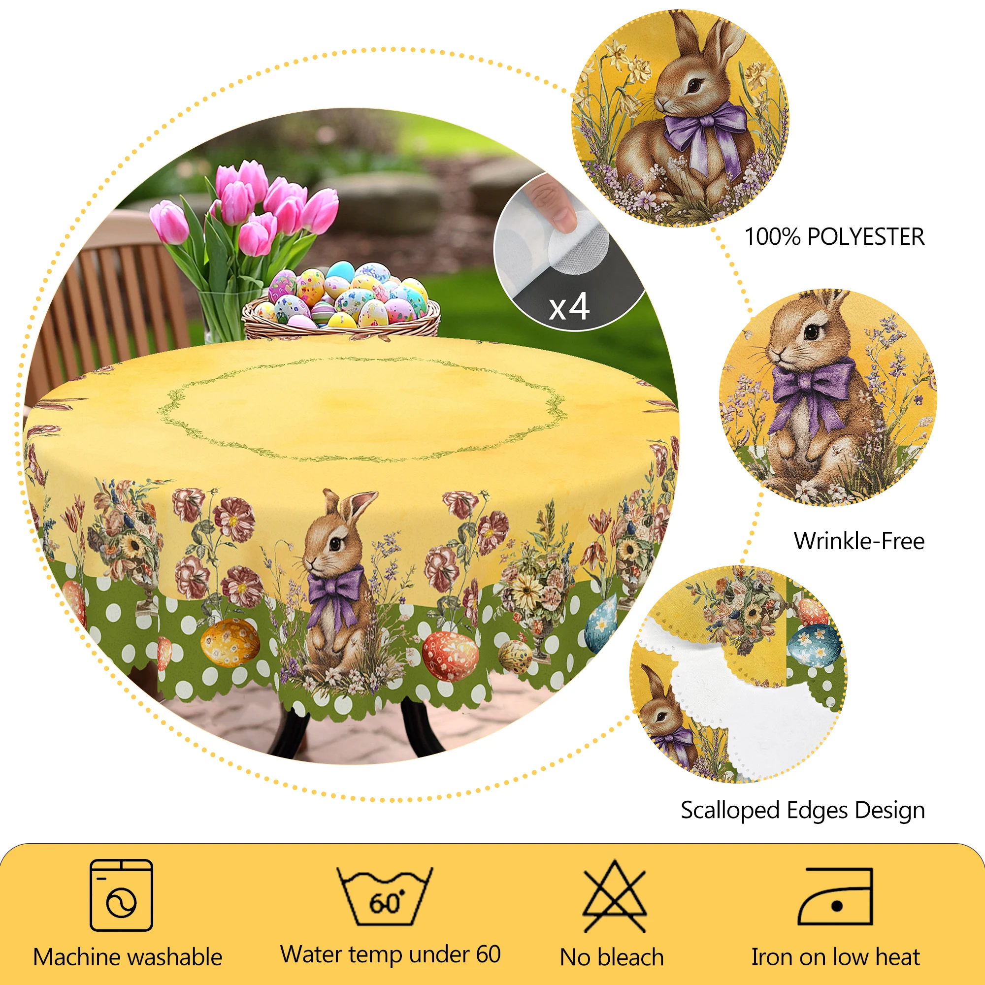 1 Easter Round Tablecloth, 5 Sizes Available, Polka Dot Easter Egg Printed Square Tablecloth, Edge Embossing Process, Spring Garden Tablecloth Decoration, Tablecloth for Daily Home Kitchen, Terrace, Easter Decoration 5