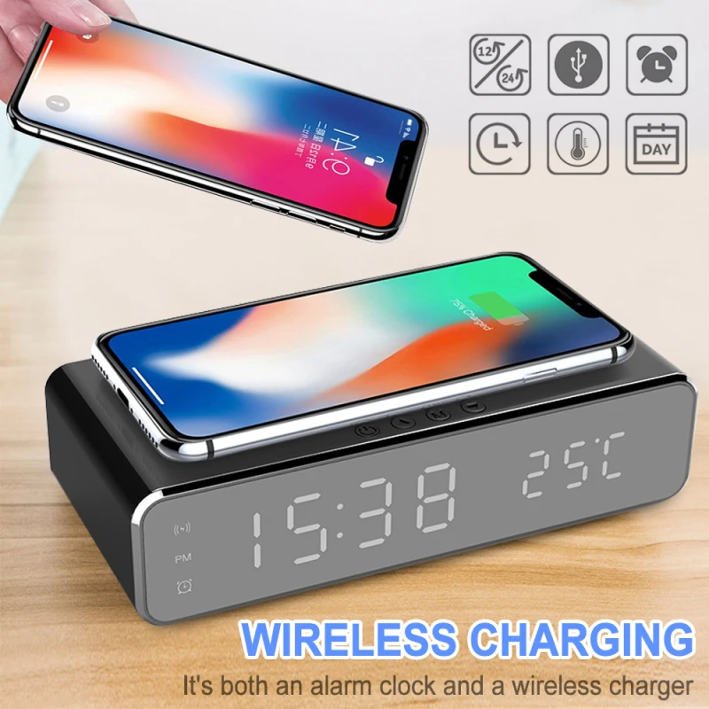 New LED Electric Alarm Clock Wireless Desktop Digital Thermometer Clock HD Clock Mirror With Phone Wireless Charger And Date