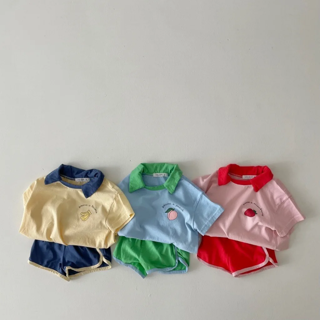 2022 Summer New Children Fashion Set Handsome Boy Fruit Turn-down Collar Short Sleeves Tops Girl Soft Cotton Shorts Suit Baby Clothing Set for boy