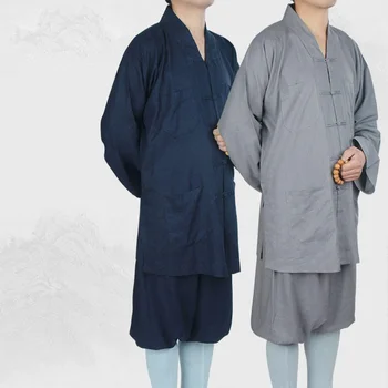 Shaolin Cotton Linen Monk Short Coat +Pants Suit Asia Buddhism Uniform Spring Autumn Buddhist Monks Clothing Nunnery Nun Costume