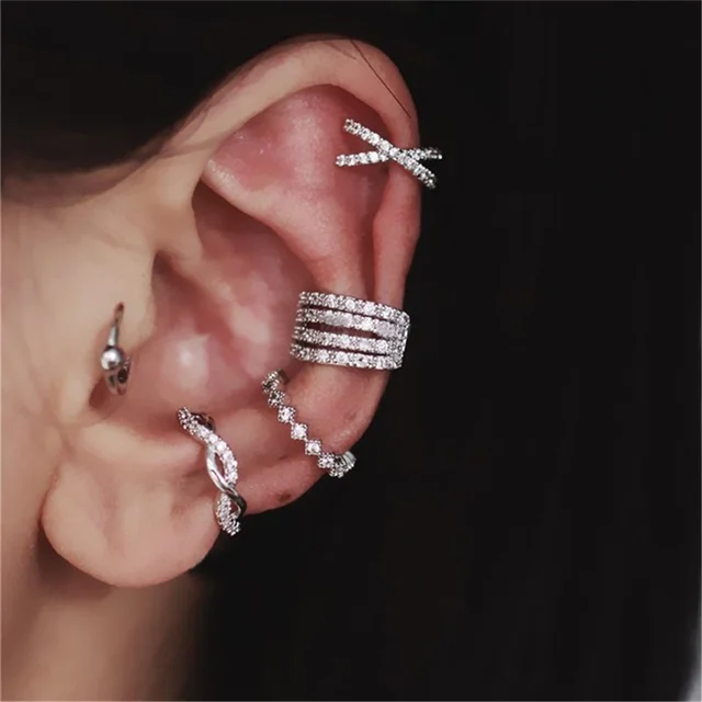 4Pcs/set Creative Silver Color Zirconia Clip on Earrings for Women Geometric Ear Cuff Without Piercing Girl Jewelry 2