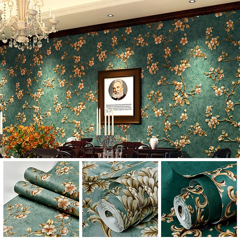 Non-Woven Self Adhesive Wallpapers, Embossed Flowers, 3D Wall Papers, Living Room, Home Decor, 1m