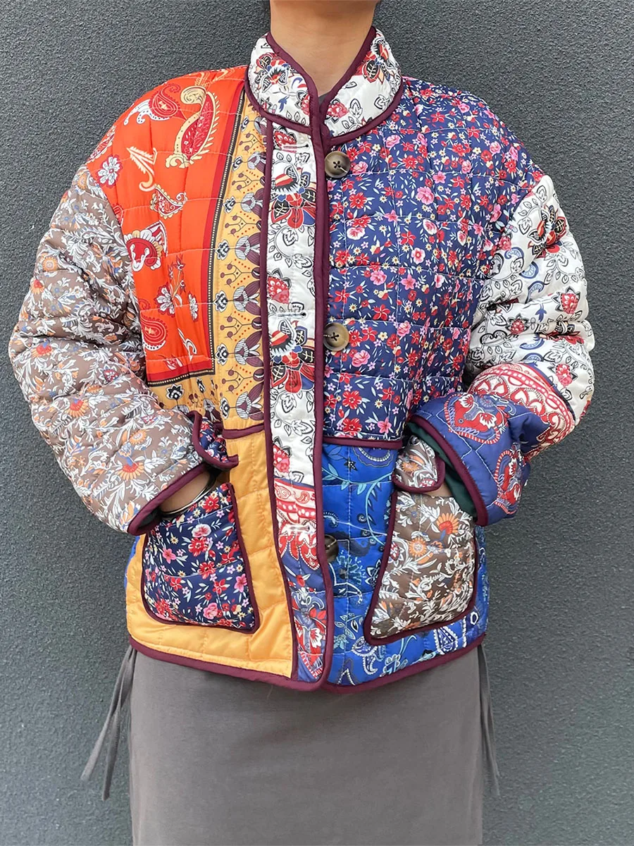 

Women s Floral Print Puffer Jacket Winter Warm Quilted Coat Long Sleeve Button Up Lightweight Padded Jackets