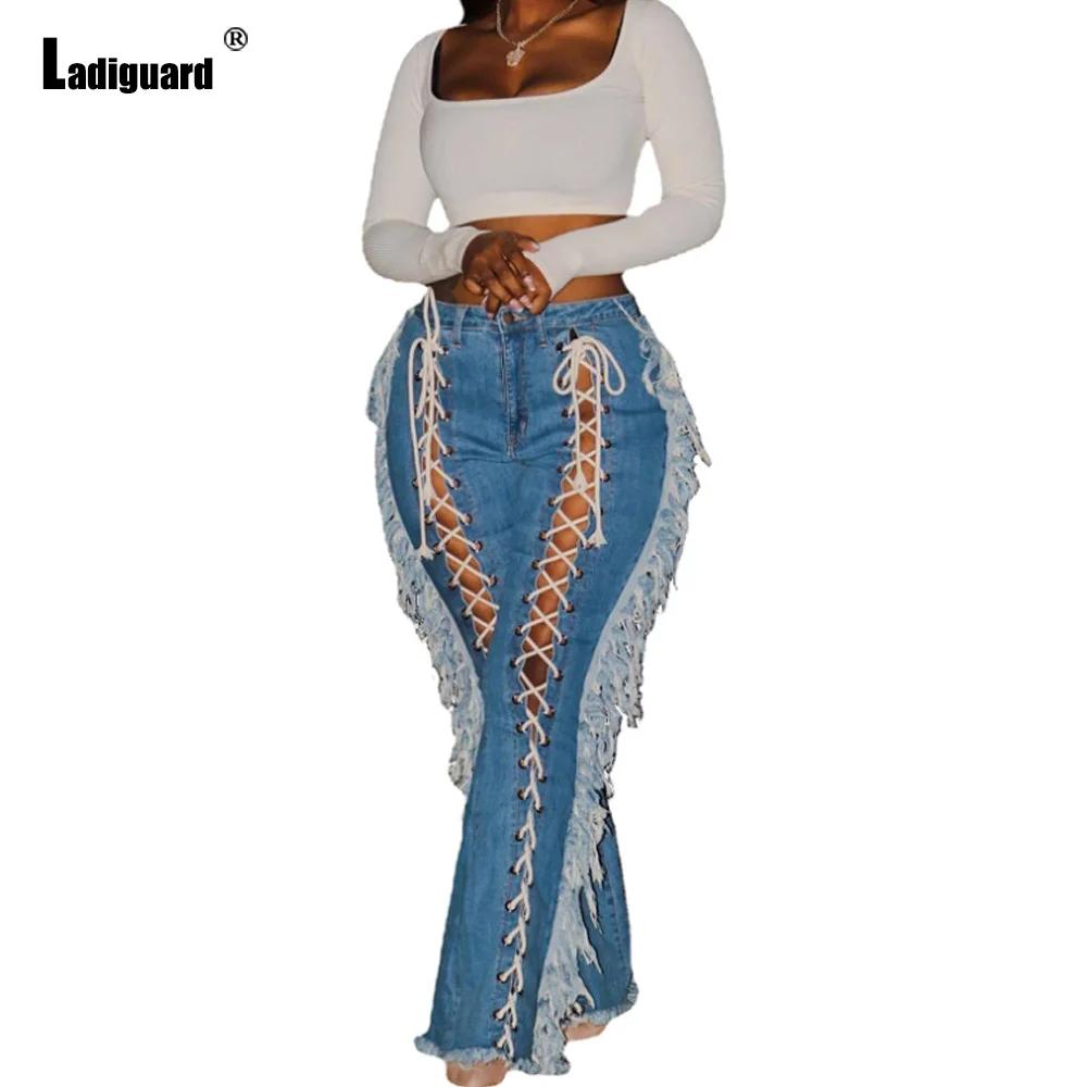 Ladiguard 2022 Autumn Sexy Lace-up Ripped Jeans Demin Pant Female Casual Straight Leg Trousers Women High Cut TASSEL Demin Pants autumn women harajuku cargo baggy blue jeans streetwear hip hop oversize casual wide leg vintage demin pants y2k loose trousers