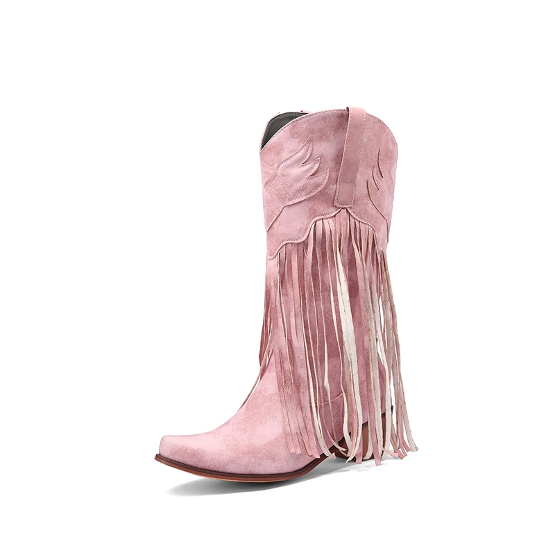 

2023 new antumn winter women mid-calf boots plus size 22-26.5cm Microfiber women modern Boots mixed color Tassel Western Boots