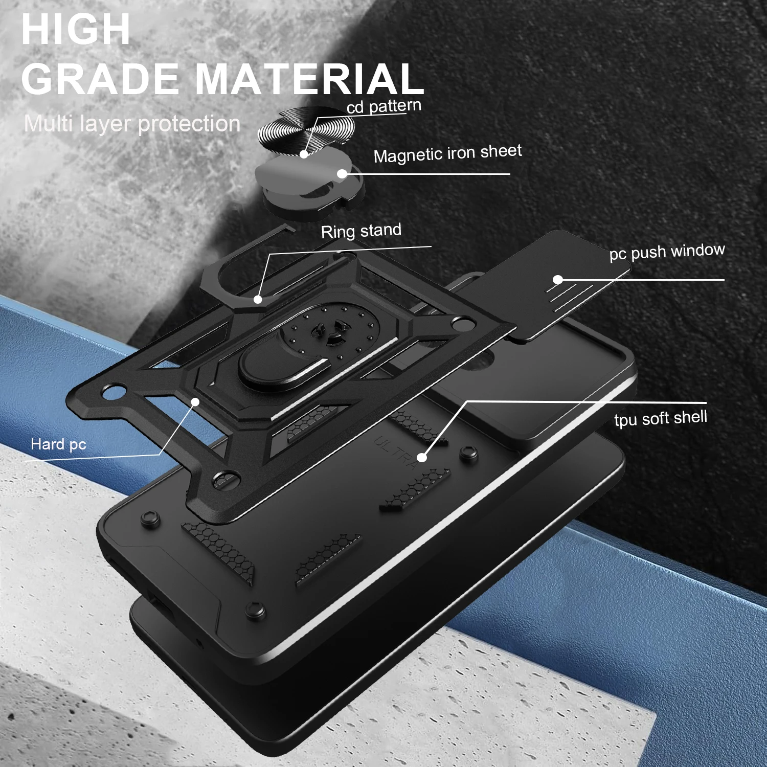Armored Protective Phone Case with Magnetic Ring and Camera Protection