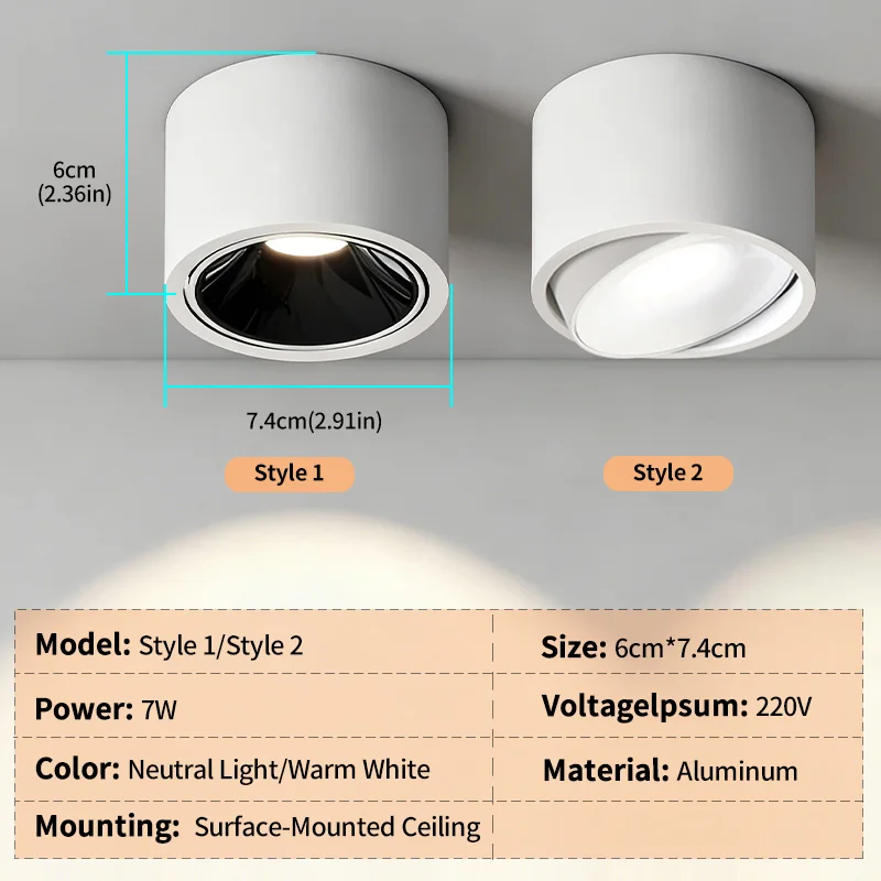 LED Downlight Surface Mounted Ultra Thin Adjustable Angle 7W 220V Ceiling Spotlights Anti Glare for Living Room Study Home Decor