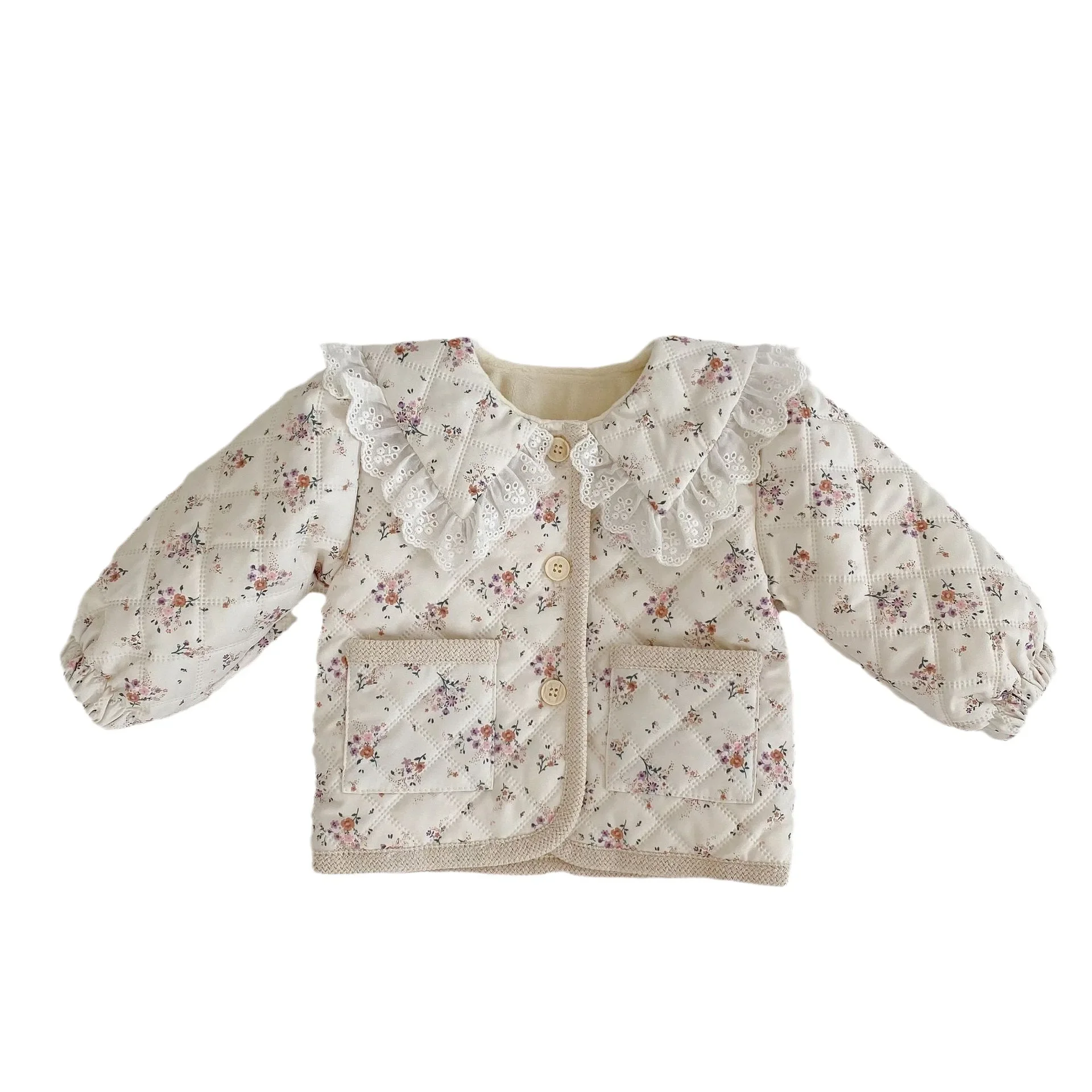 Baby Coat Winter New Plus Velvet Baby Girl's Floral Coat Lace Lapel Cotton-padded Jacket Cardigan