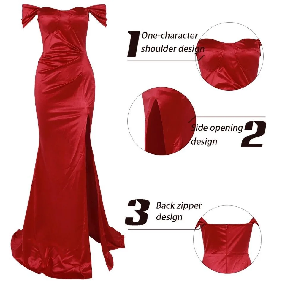 2023 Off Shoulder Red Satin maxi Evening Gown Elegant Luxury Maxi Satin