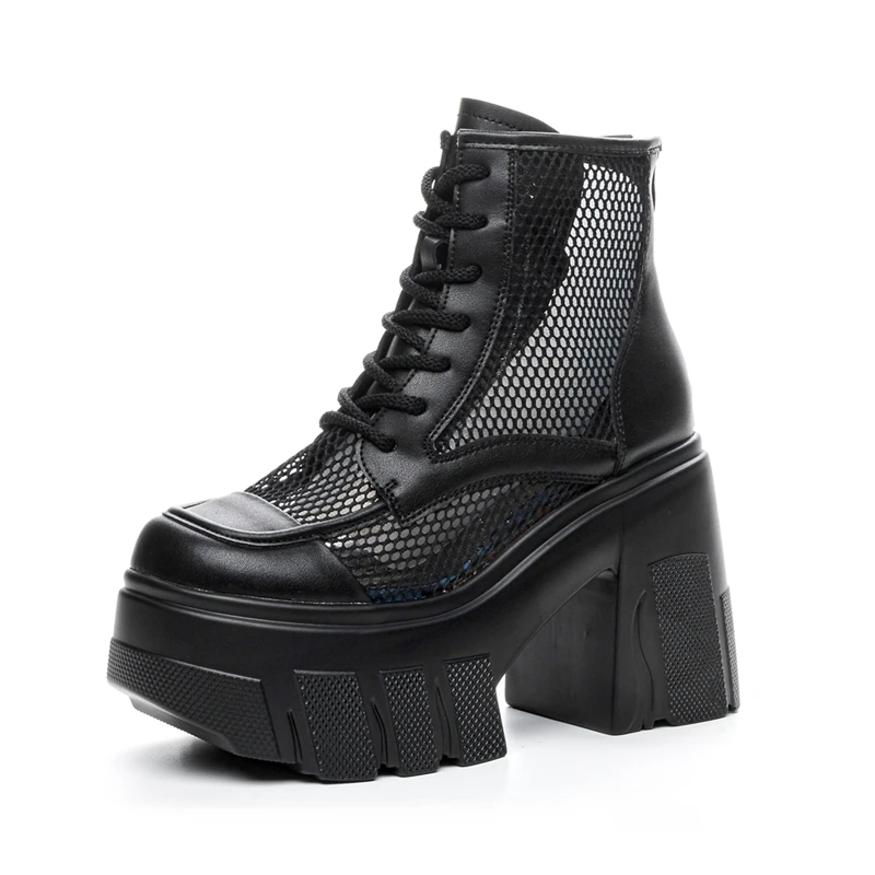 AIYUQI Summer Boots Female Genuine Leather 2024 New Mesh Women Shoes Boots 11cm Height Platform High Heel Cool Boots Women