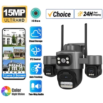 Three Screen Three Lens 15MP HD WIFI IP Camera 8MP Dual Lens Camera Auto Tracking IP66 Waterproof CCTV Video Security Cam iCsee 1