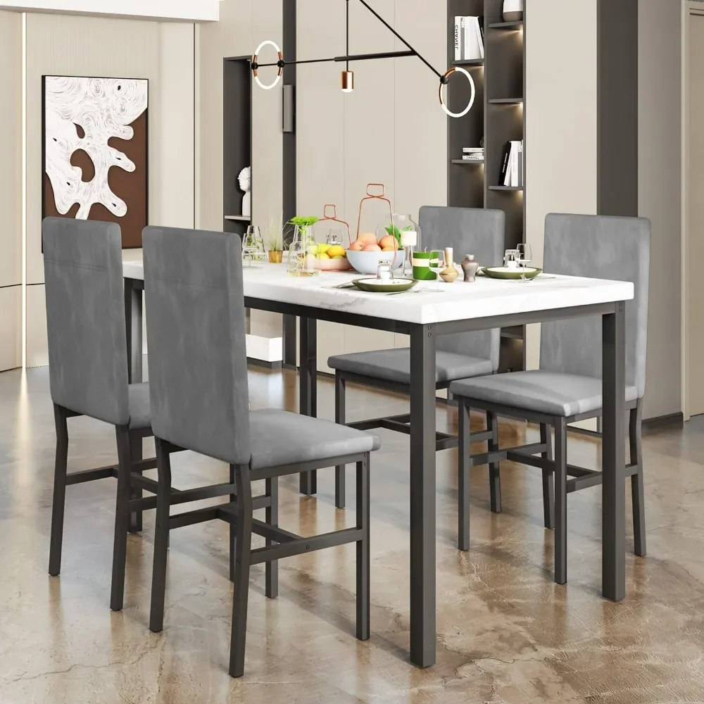 Dining Table Set for 4 4 PU Leather Chairs 5-Piece Marble DiningTable Set Velvet Metal Frame Chairs For Kitchen