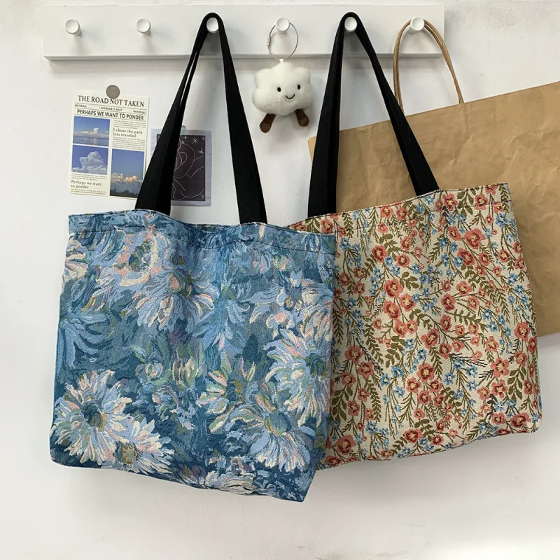 Large Capacity Monet Inspired Blue Sunflower Oil Painting Fashion Shoulder Bag for Office Commute and College Students