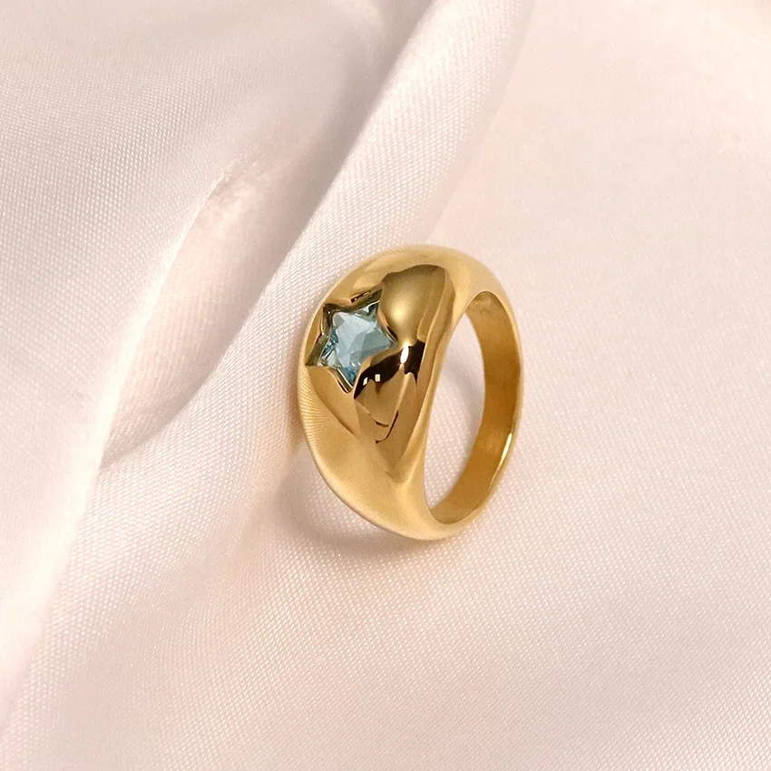 Waterproof 18K Gold Color Chubby Star Rings for Women Sleek Stainless Steel Pink Zircon Dome Finger Ring Femme Bijoux Anillos