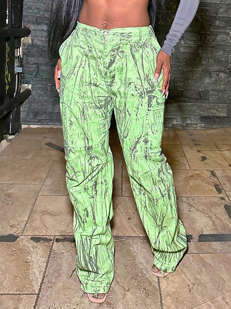 

Sisterlinda Tie Dye Print Multi-Pockets Cargo Pants Women Fall Straight Vintage High Waist Pockets Loose Bottoms Streetwear 2023