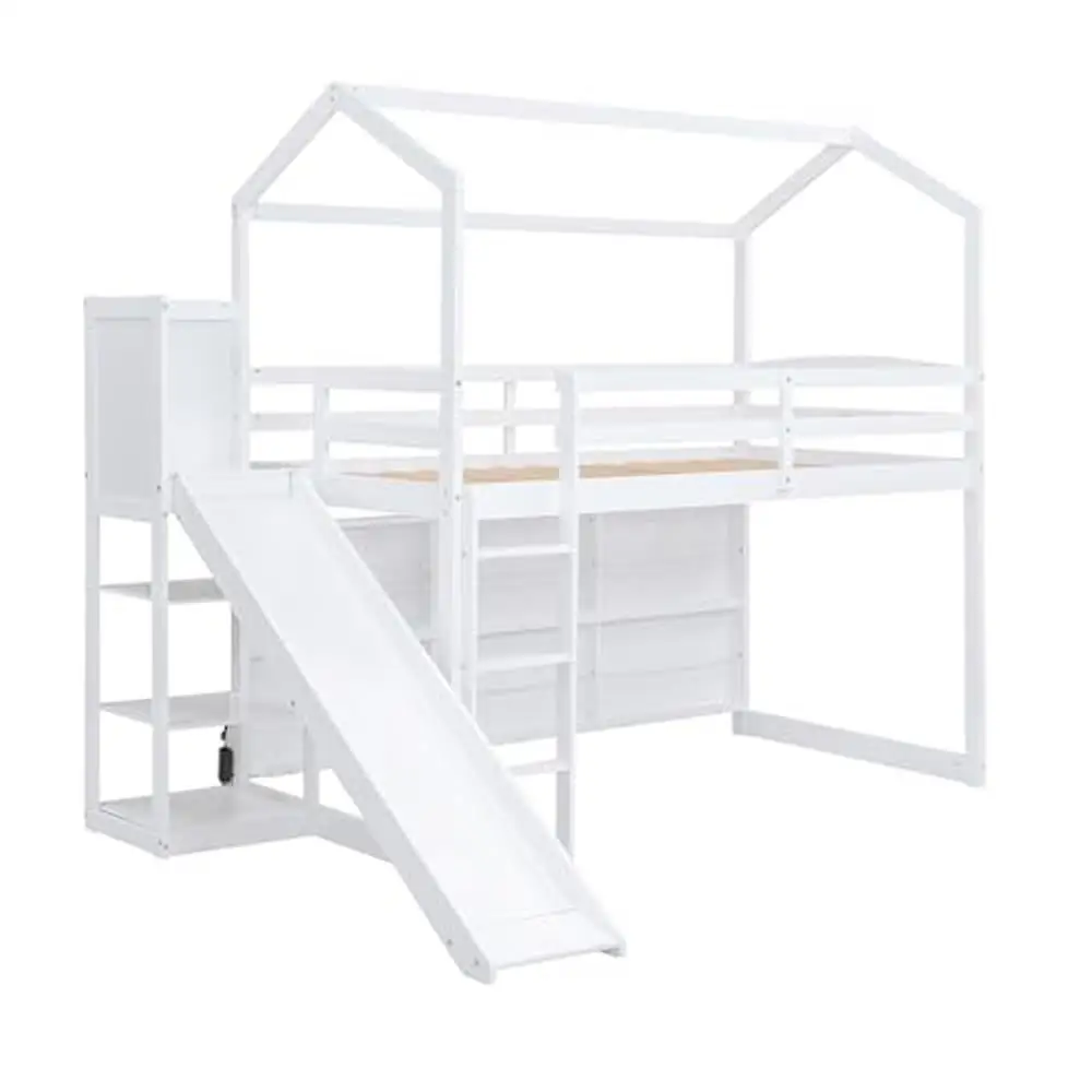 Kids Twin House Loft Bed with Slide Storage Shelves and LED Light Wood Low Loft Bed Guardrail Ladder Playhouse Creative Design 6