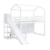 Kids Twin House Loft Bed with Slide Storage Shelves and LED Light Wood Low Loft Bed Guardrail Ladder Playhouse Creative Design 6