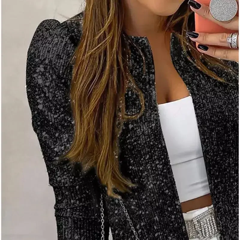 2024 New Women's Fashion Round Neck Solid Color Sequin Short Jacket Leisure and Elegant Versatile Small Jacket for Girls