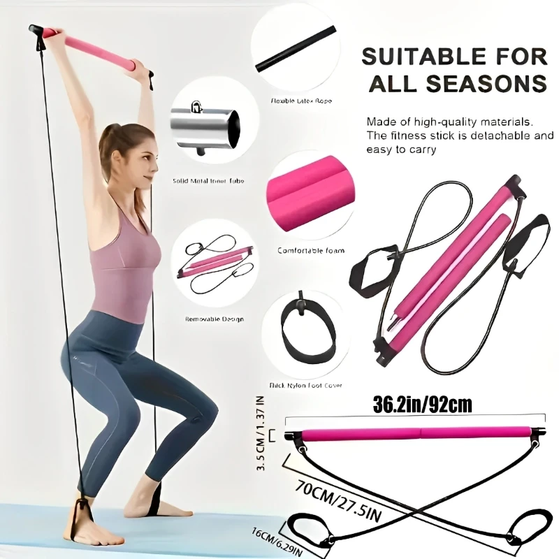 Portable Yoga Pilates Bar Stick With Resistance Band Home Gym Muscle Toning Fitness Stretching Sports Body Workout Exercise pilates fitness bar