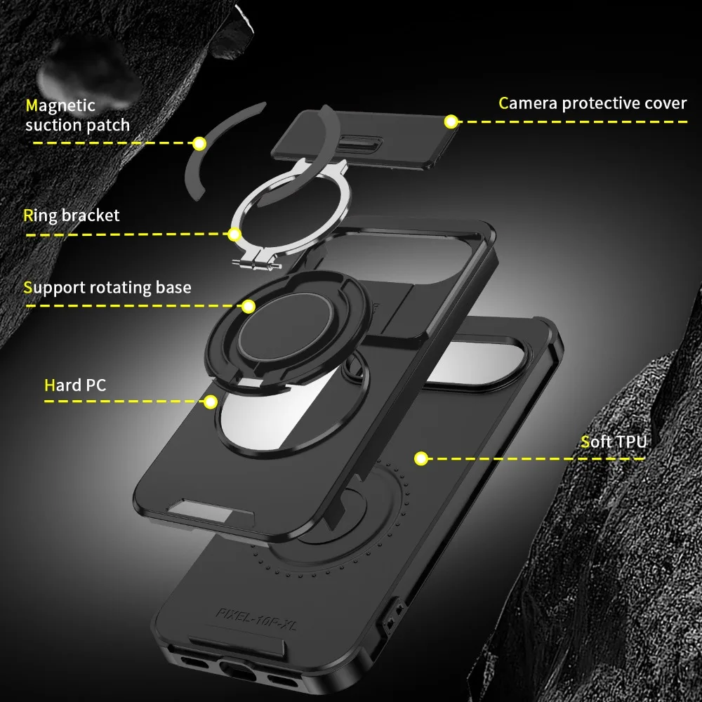 Hybrid Dual Layer Magnetic Metal Stand Case with Slide Camera Lens Protector - Shockproof Cover