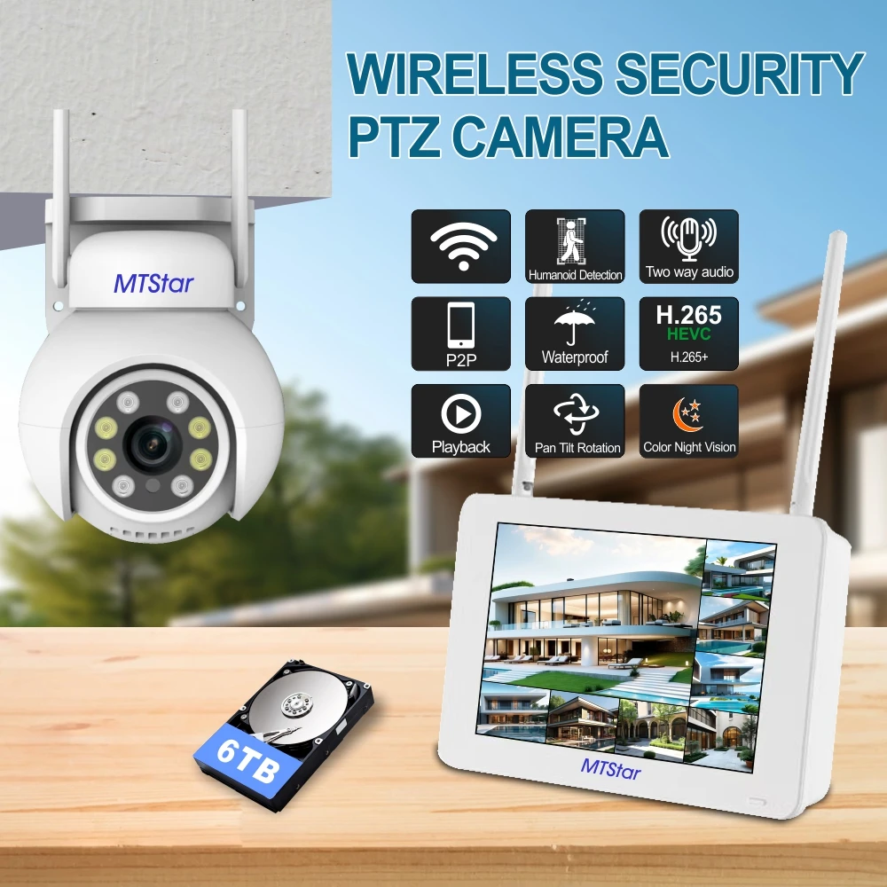 MTStar 8채널 WiFi PTZ 카메라 키트 동작 감지 컬러 야간 투시 풀 컬러 양방향 오디오 H.265 NVR P2P 클라우드 스토리지 TSEye