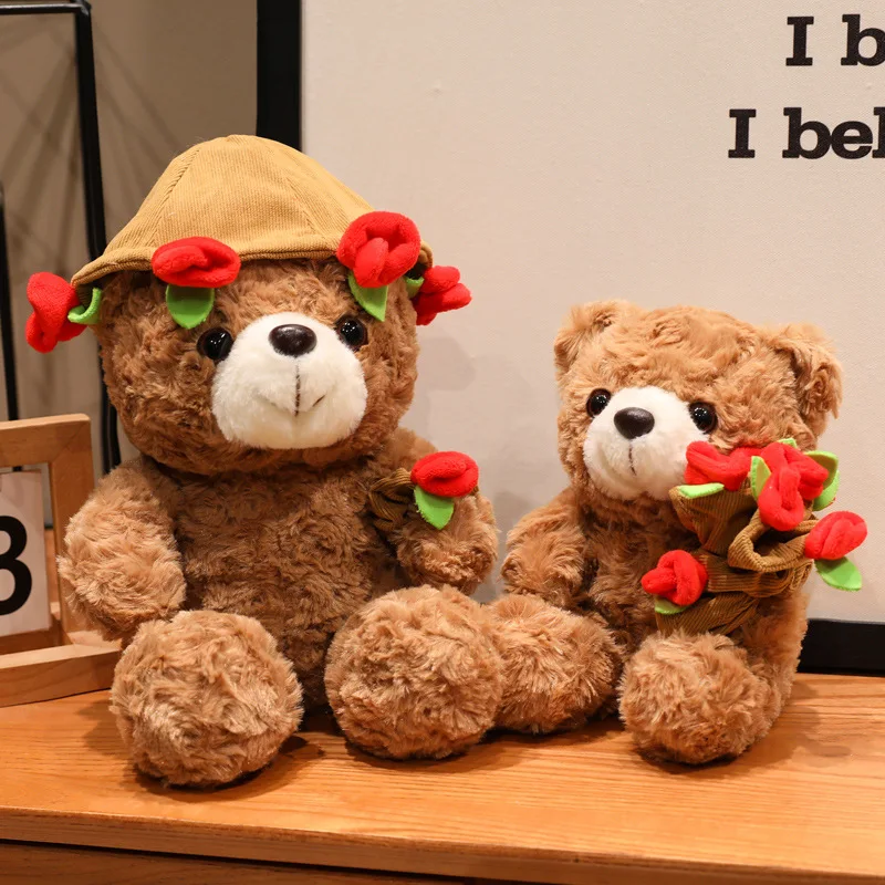 Wholesale Lovely 15/25CM Bear Plush Toy Romantic Red Heart Rose Bear Doll Cute Soft Holding Flowers Bear Doll Home Decoration