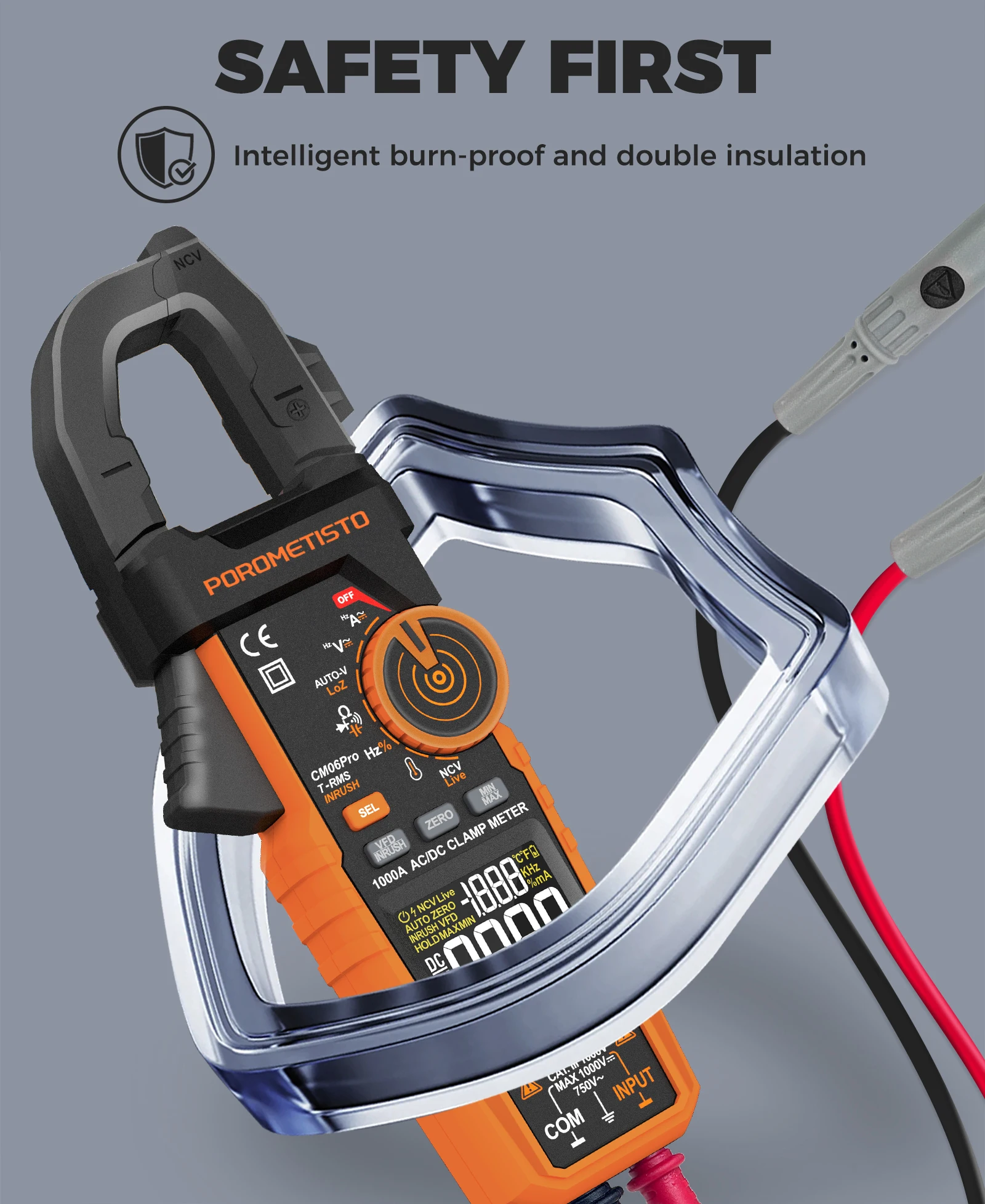 CM06/CM06Pro Auto-ranging Clamp Meter 600A/1000A True RMS Inrush AC DC Voltage Tester Digital Multimeter Ammeter Ohm Capacitance Frequency Temp NCV VFD LoZ Duty Cycle Resistance Diode Continuity with Case Flashlight Test Leads