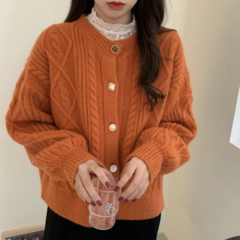 

Vintage Women Cardigan Sweater Sweet Autumn Winter 2024 Fashion O-Neck Elegaht Long Sleeve Casual Loose Warm Knitted Sweaters
