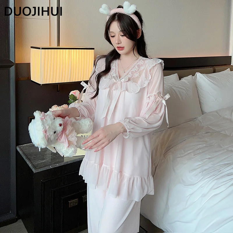 DUOJIHUI Pink Classic Autumn New Casual Home Pajamas for Women Fashion Loose Chicly Lace Solid Color Simple Female Pajamas Set