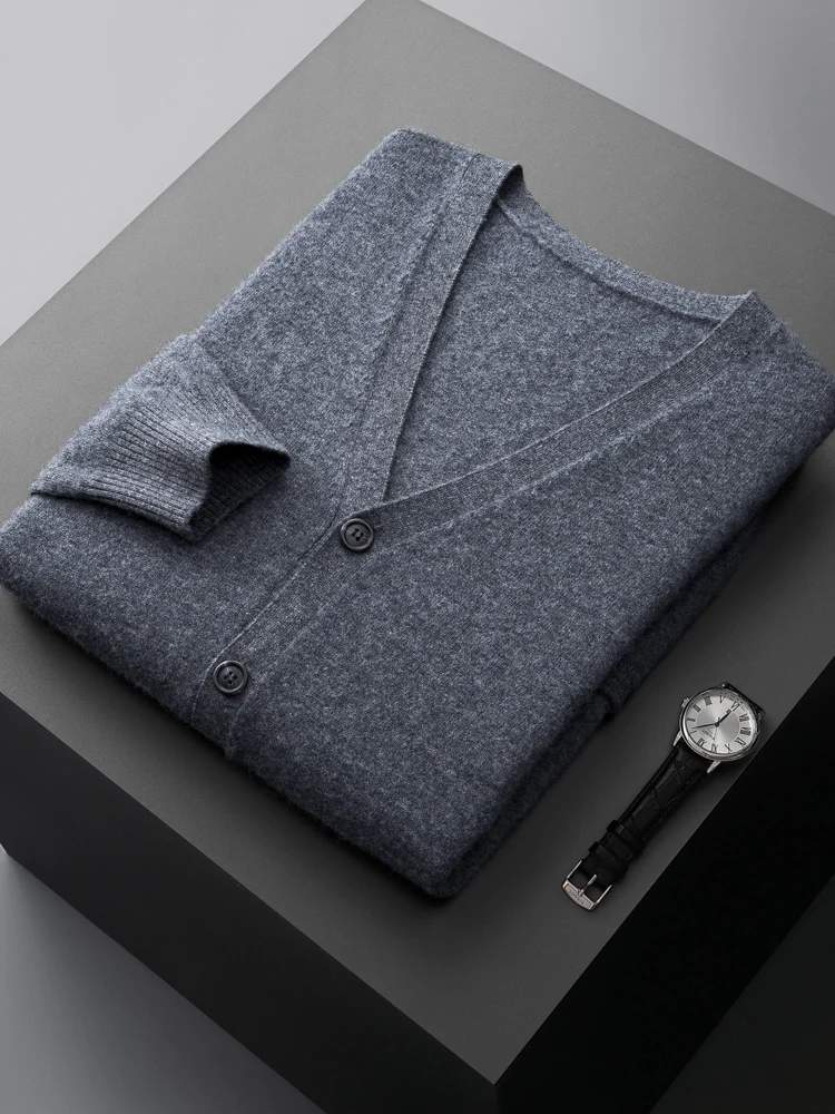 100% Cashmere  Cardigan Men's Sweater Autumn and Winter New Fashion Knitted Sweater Pure Color Long Sleeve High Quality Coat