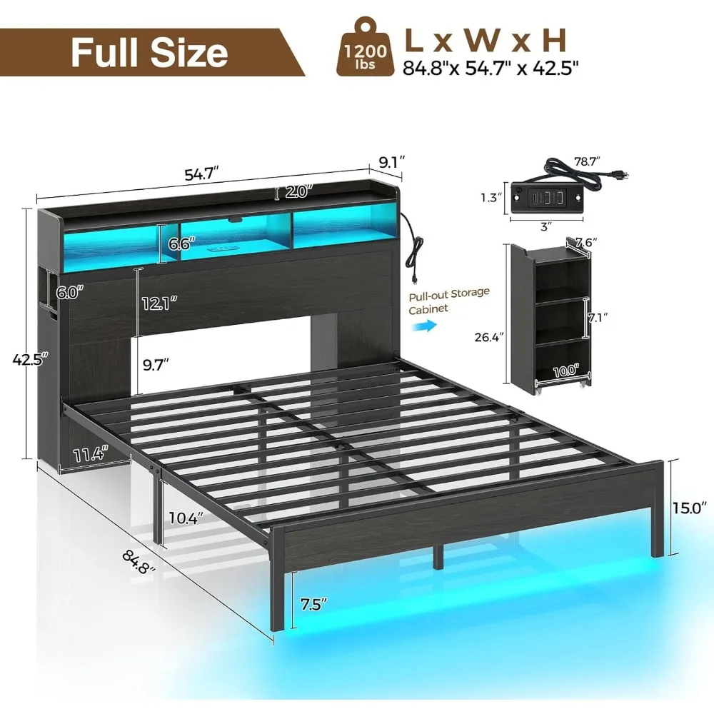 Bed Frame Full Size with Storage Headboard, Slide Out Bedside Storage, Beds with Charging Station & LED Lights, Full Bed Frame 3