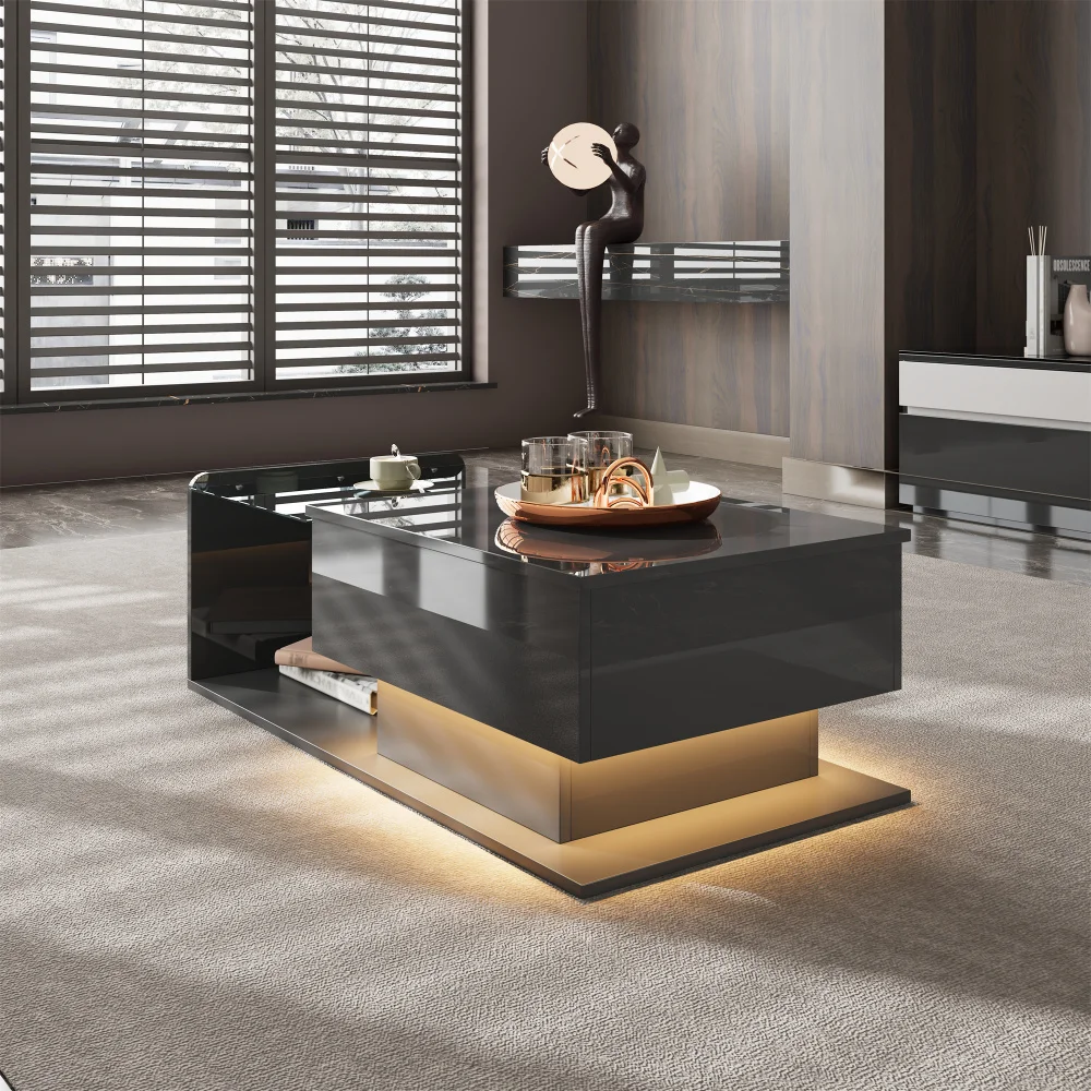 Table basse relevable avec éclairage LED, compartiment de rangement, noir brillant, table d'appoint moderne pour salon 1 Table basse relevable avec éclairage LED, compartiment de rangement, noir brillant, table d'appoint moderne pour salon 1