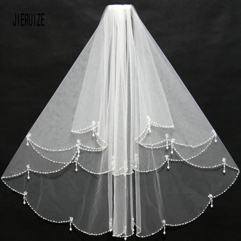 

Bling Beaded Edge Wedding Veils With Comb Two Layer Tulle Short Bridal Veil White Ivory Wedding Accessories