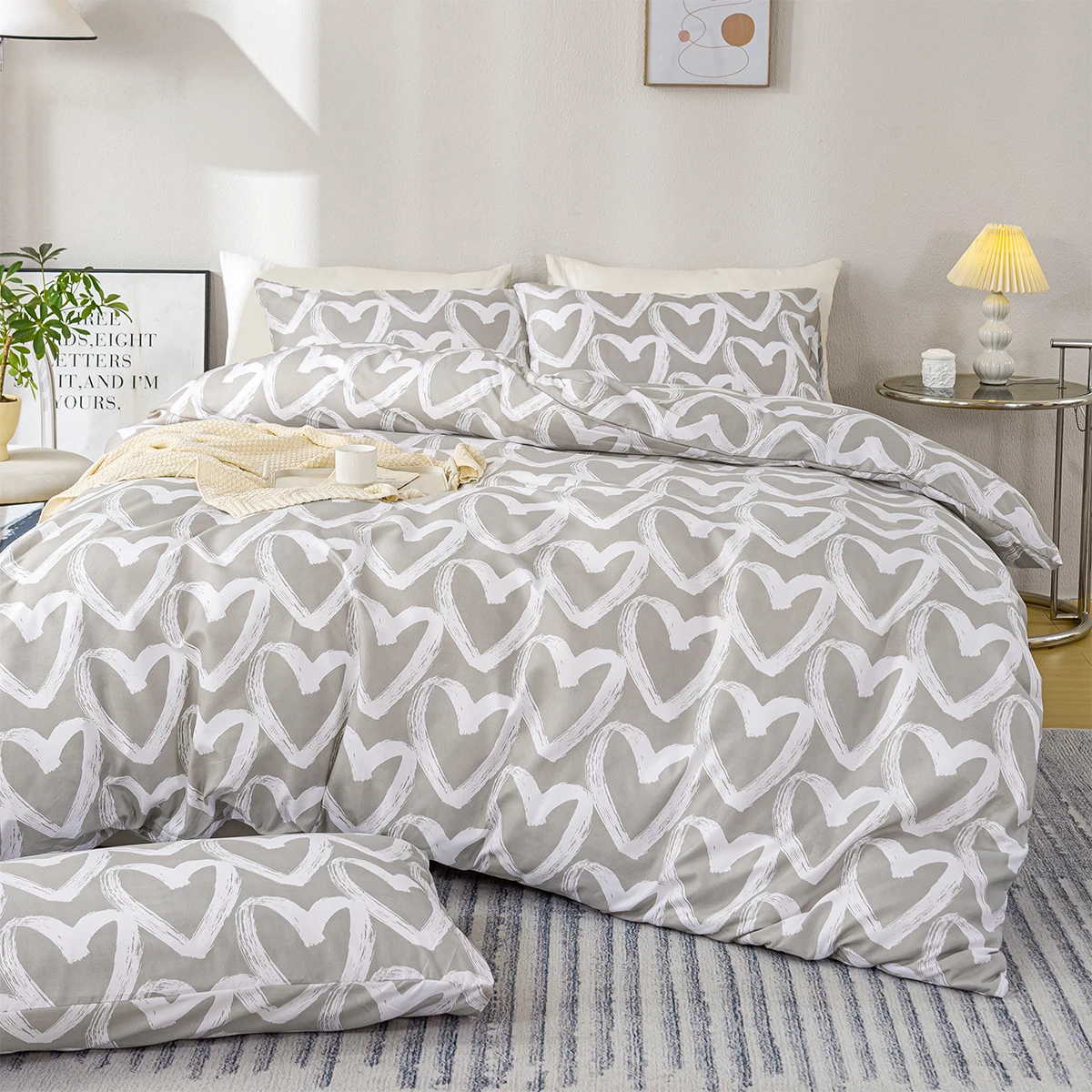 3 unids/set juego de funda nórdica con estampado de corazón-azul y gris (1 funda nórdica y 2 fundas de almohada) juego de cama con funda nórdica suave y agradable para la piel