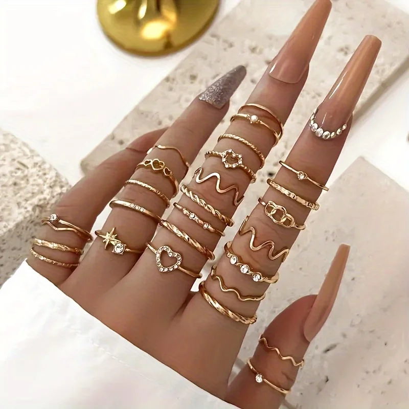 28-teiliges Set aus zarten goldenem Ring aus Zinklegierung, Schmuck, eleganter sexy Stil für Frauen, Sommer-Stapelring