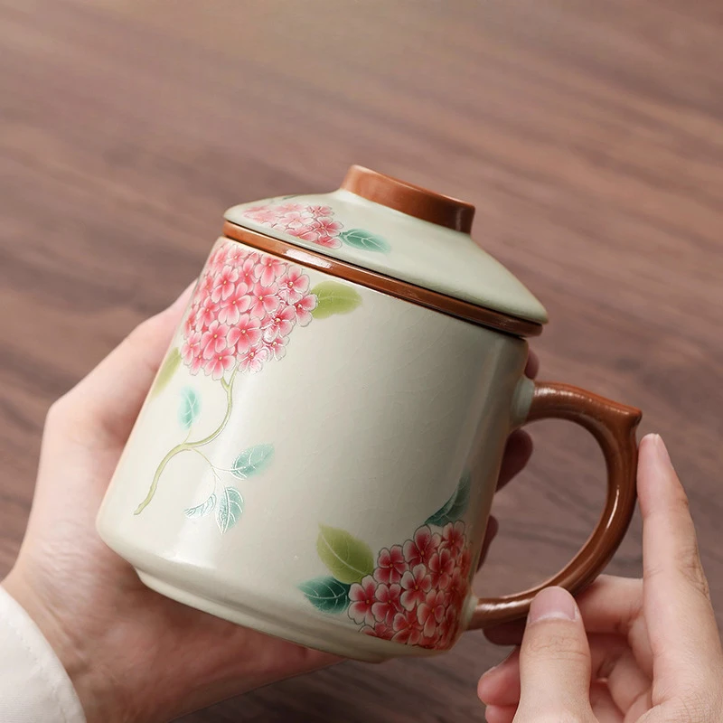 Chinese Style Ceramic Cartoon Floral Pattern Mug, Personal Creative Teacup, With Cover Filtered Tea Water Separation, 400ml, 1Pc