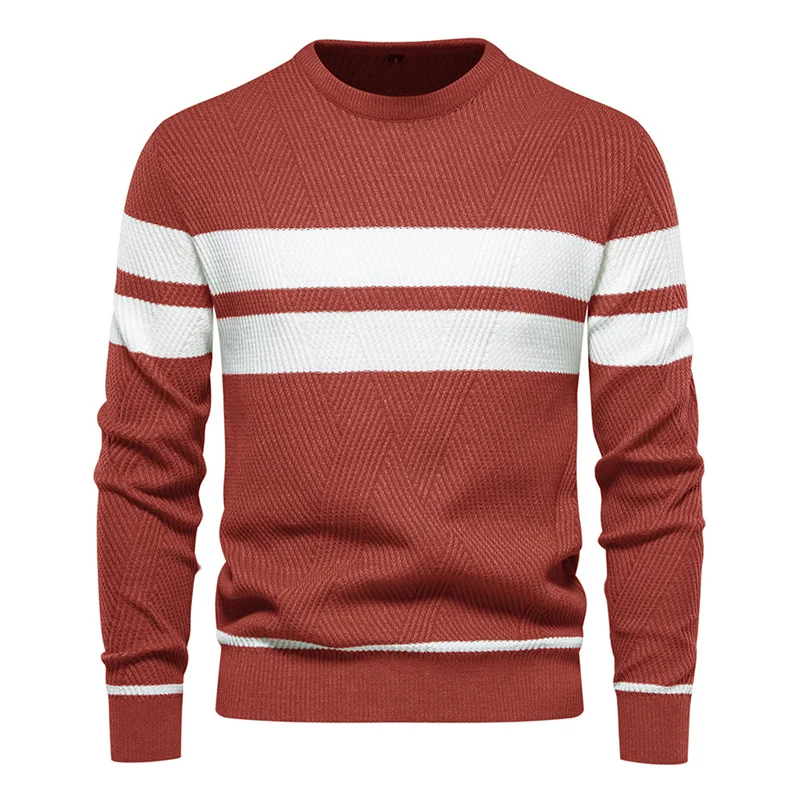 Autumn Winter Men's Casual Striped Knitwear Long Sleeve Round Neck Sweater Handsome Color Matching Pullover Bottom Knit Shirt