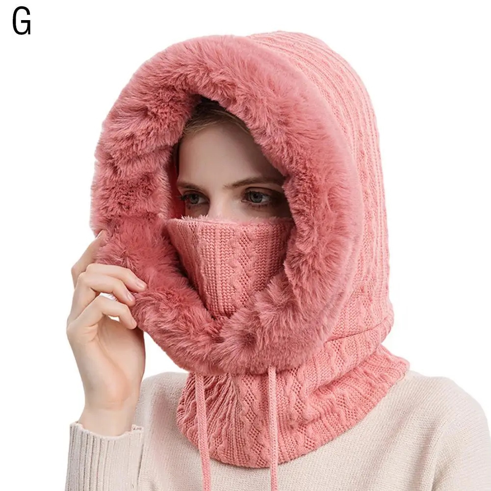 Winter Fur Cap Mask Set Hooded for Women Knitted Cashmere Neck Warm Balaclava Ski Windproof Hat Thick Plush Fluffy_voghion.com