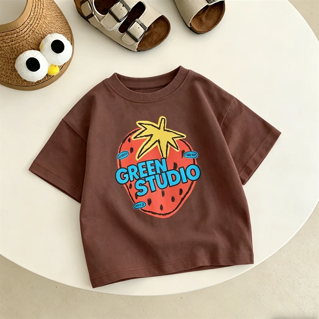 Printing Tshirt Child Boys Summer Crewneck Tops Loose Pure Cotton Tees Kids Cute Print T-shirt Baby Clothes Thin Short Sleeve