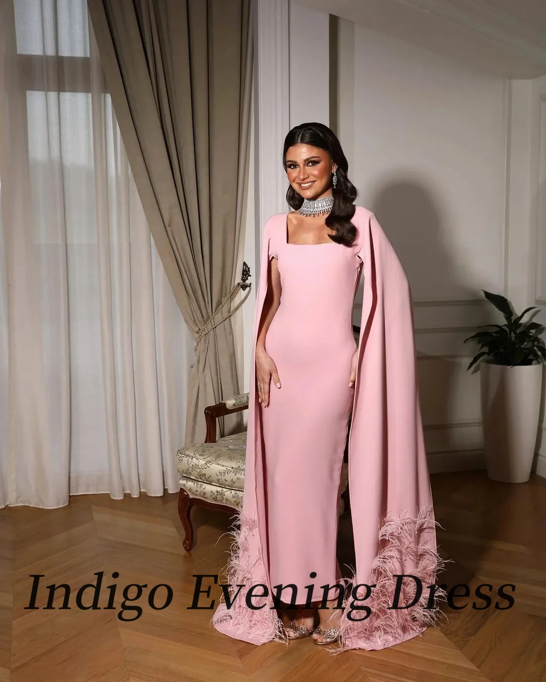 Indigo Prom Dresses Square Neck Long Cape Feathers Women Formal Party Dress 2024 Vestidos Tallas Grandes Mujer Elegantes