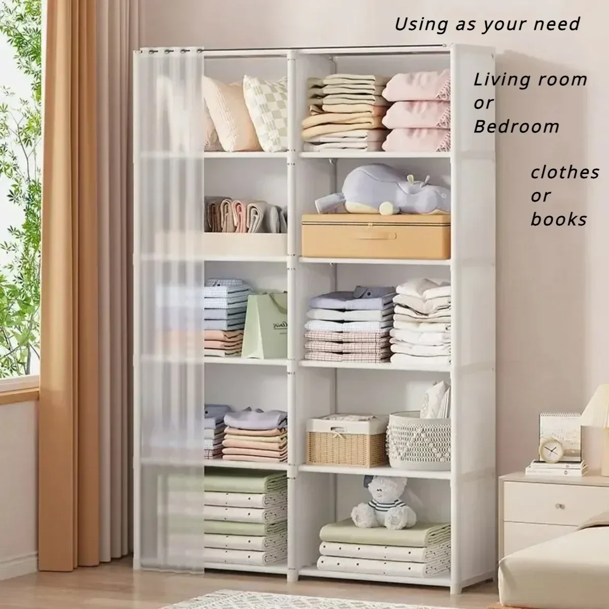 Bookshelves Dust-proof Storage Rack with Curtains Storage Cabinet Multi-layer Assembly Closet Organizer