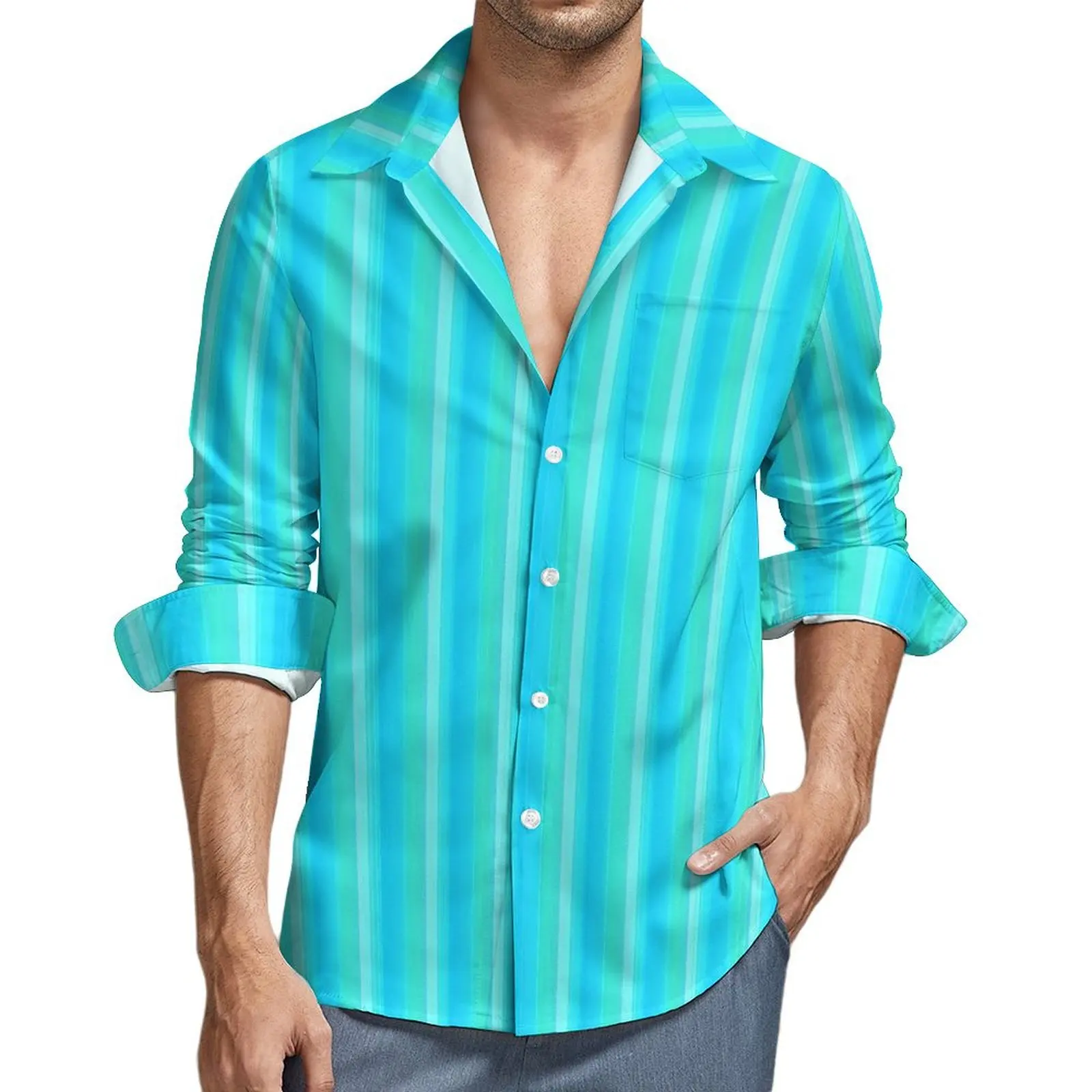 

Abstract Striped Blouses Men Blue And Green Shirt Long Sleeve Retro Street Style Casual Shirts Autumn Design Top Plus Size 4XL